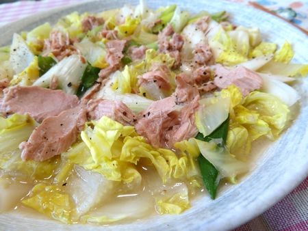 『フライパンで簡単☆　白菜と長ねぎとツナのめんつゆ豆乳煮』