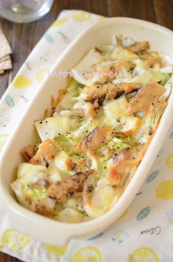 『【白菜とサバオイル缶のオーブン焼き】チーズとろ～り！のせて焼くだけ！おつまみに最高☆』