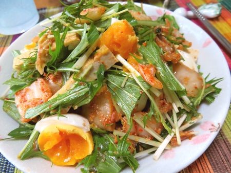 『混ぜるだけ☆　水菜と厚揚げとゆでたまごとキムチのサラダ』
