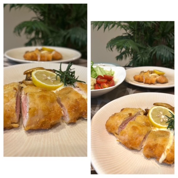 夕食は生徒さん達と一緒の献立!!節約レシピでコルドンブルー「鶏むね肉のチーズ・ハムのカツレツ」