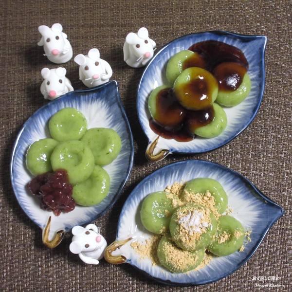 和菓子になった春菊。”よもぎ”より優しく上品な風味『春菊の白玉団子・きなこ・あんこ・みたらし』