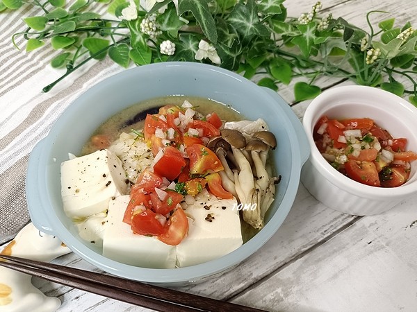レンジで楽々♪無塩レシピ！タラとお豆腐のレンジ蒸し～無塩プチトマトソース～