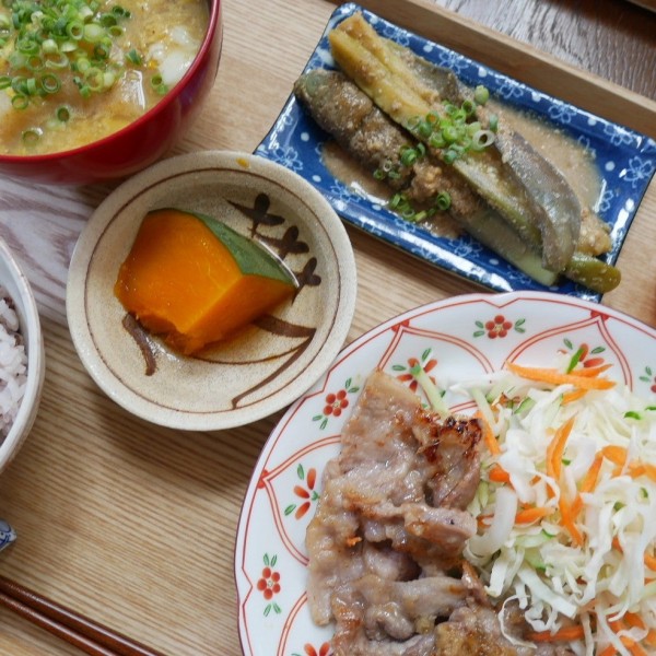 『豚肉生姜焼きとナスのごま和え、昼ごはん#本日のおうちごはん』