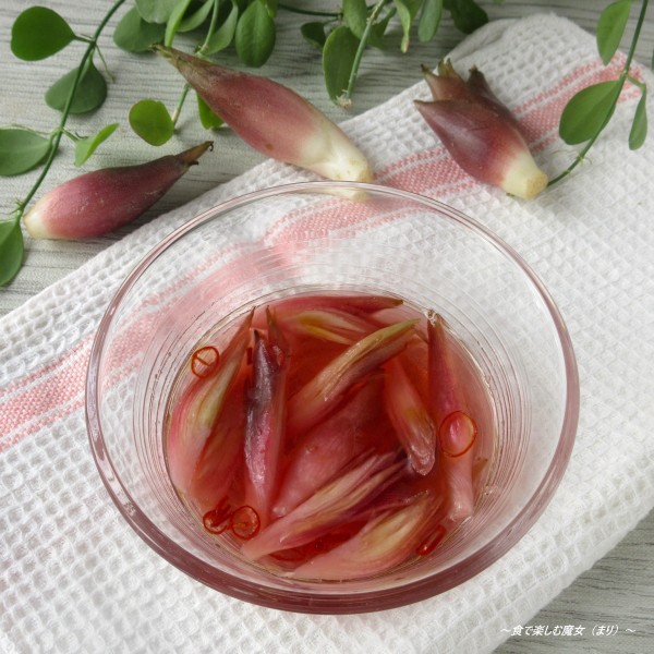 切って漬ける。色と味の変化を楽しむ♪ひと味違うピリ辛『中華風みょうが甘酢漬け/みょうがピクルス』