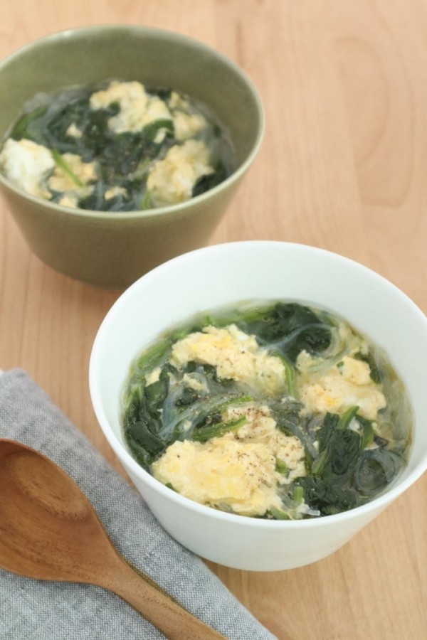 『【#ヘルシースープ】ほうれん草と春雨の中華たまごスープ』