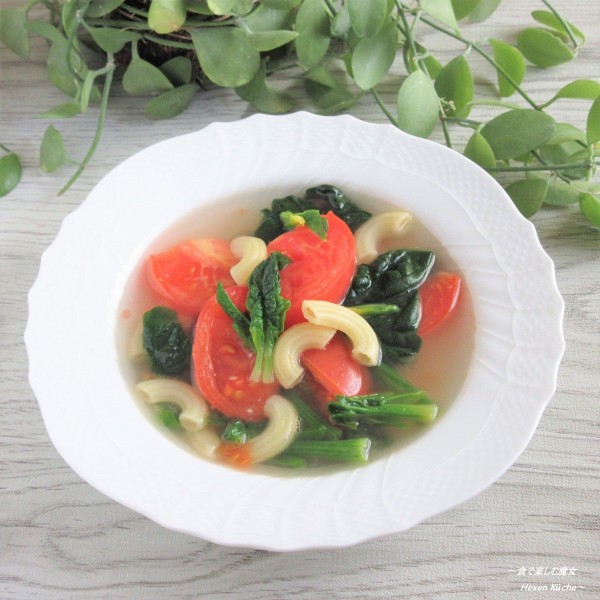 お鍋１つ。大さじ１で作る。温サラダのような『トマトとちぢみほうれん草の塩こうじスープ』