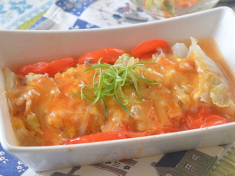 レンジで！白菜と豚バラの重ね蒸し コチュチーズのせ♪