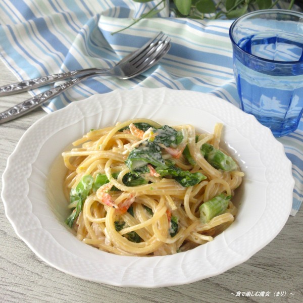 生クリームなし。お鍋1つ10分。濃厚えびクリームソースで自画自賛！『菜の花と桜えびのミルクパスタ』