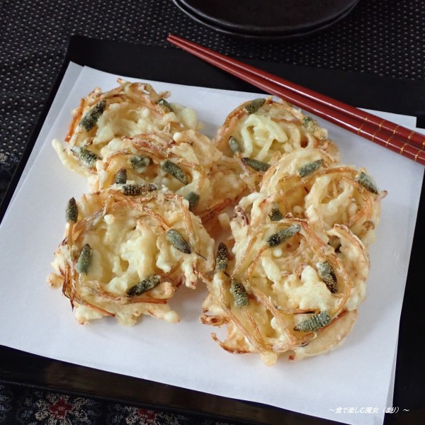 手作り天ぷら衣・かき揚げを綺麗に作る方法『新玉ねぎとつくしのかき揚げ/つくし天ぷら』