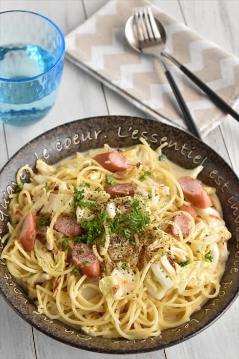 白菜とウインナーの豆乳クリームパスタ : 四万十住人の 簡単料理ブログ！ Powered by ライブドアブログ