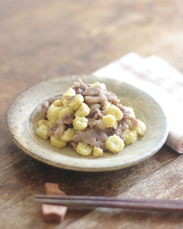 レンジで★ヤングコーンと豚肉のめんつゆ和え【レシピ2518】#お弁当おかず #お弁当 #ヤングコーン #豚肉 #豚こま肉 #めんつゆ #レンジ調理 : のんびり毎日 日々の暮らしの食卓 いただきますのレシピ 時々 編み物